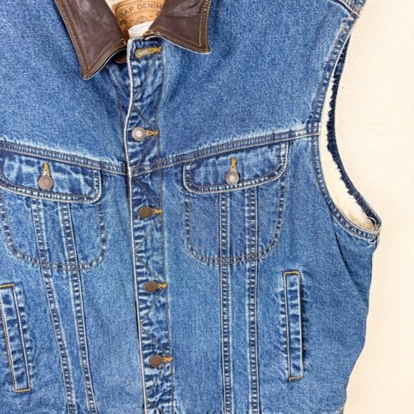 Vintage Gap Leather Trim Collar Jean Denim vest Western Medium - Picture 2 of 6